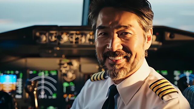 Mature Asian pilot smiling in the cockpit of a commercial jet. Captain in uniform with epaulettes sits at the flight controls during golden hour. Aviation career concept for airline marketing.