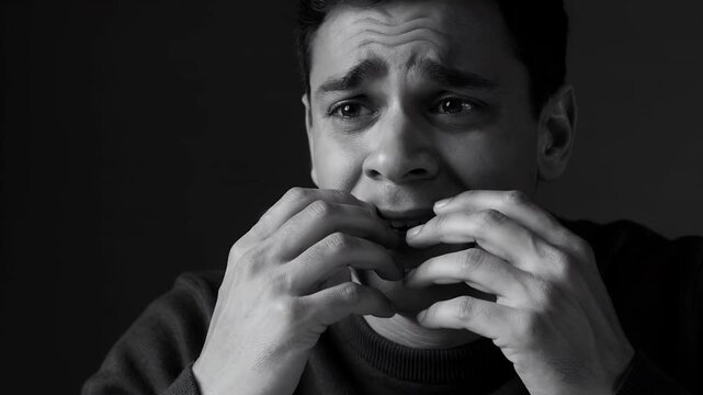 Fear, man and anxiety with mental health crisis, stress and depression. Sad person, facial expression and crying in dark room with trauma, nightmare and panic attack for psychological awareness.
