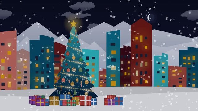 Decorated Christmas tree and presents in a snowy city landscape, loopable festive animation with falling snowfalkes