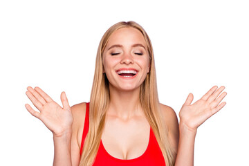 Portrait of attractive pleased blonde gorgeous girl wearing red swim suit happily clapping. Isolated over violet pastel background © deagreez