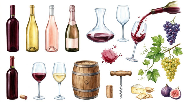 Elegant watercolor wine set with bottles glasses decanter oak barrel grapes cheese and corkscrew illustration