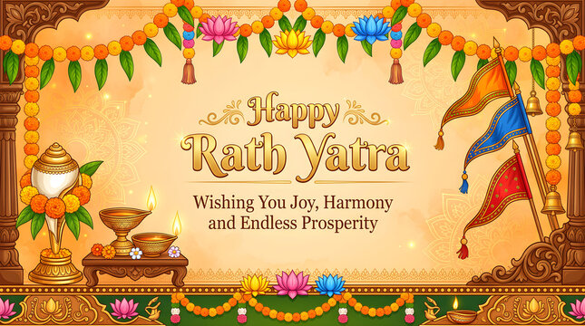 Traditional Rath Yatra greeting with conch and oil lamps