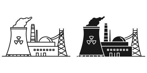 Fototapeta premium Nuclear power plant with cooling tower emitting steam against a white background representing energy production