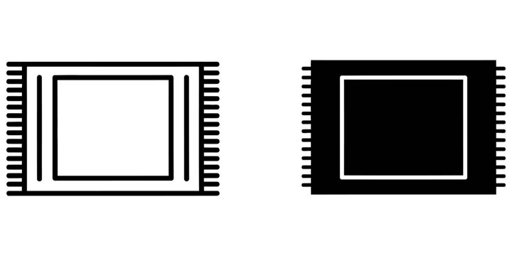 Two minimalist rug icons with tassels presented in outline and solid black styles on a white background