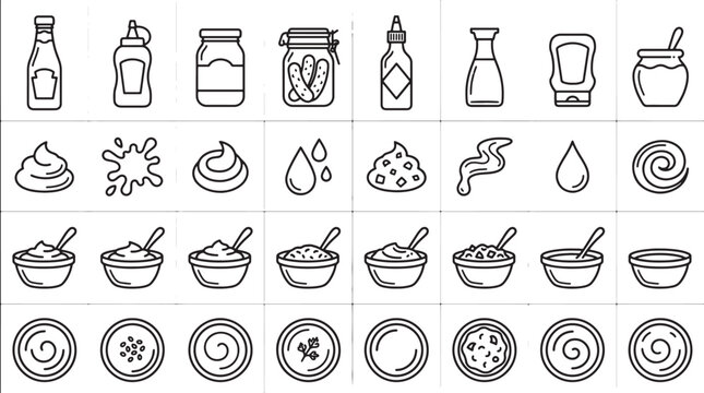 Condiments and sauces food icons set featuring bottles jars bowls and textures in a clean line style