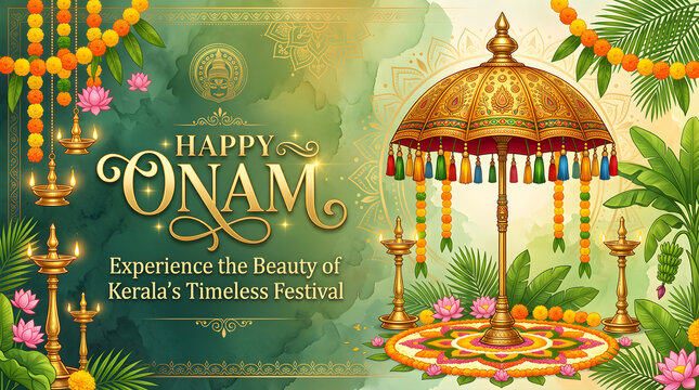 Onam festival greeting card with pookalam and boat race