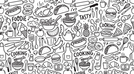 Custom vertical slats for kitchen with your photo Hand drawn food and kitchenware doodle pattern with various culinary items and snacks in black and white
