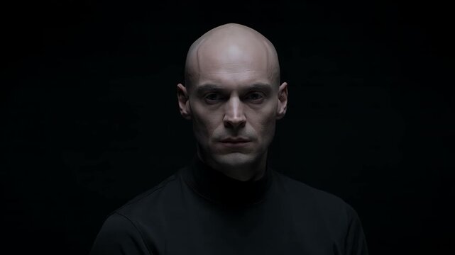 Man, portrait and bald with serious expression on black background for cinematic scene, movie and character design. Male, face and head with moody lighting, dramatic style and dark mystery aesthetic.