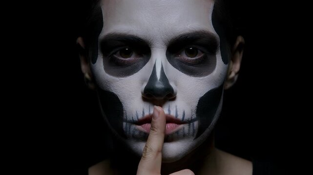 Skull face paint, woman and shh gesture for Halloween, secret and spooky theme. Day of the Dead, makeup and cinematic horror with mystery, festive celebration and theatrical party outfit in home.