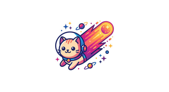 Cute astronaut cat flying through colorful space with planets and stars
