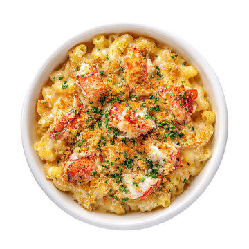 Lobster mac n cheese in a bowl, isolated on white background.