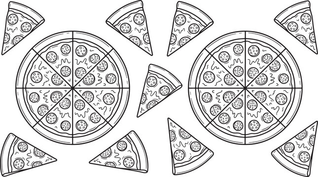 Hand drawn pepperoni pizza whole pies and slices set isolated on white background black outline vector illustration