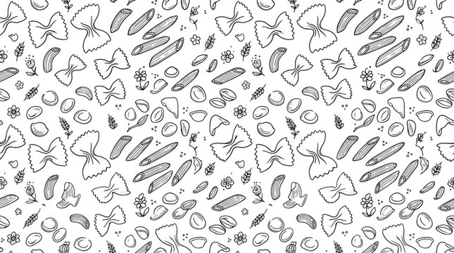 Hand drawn pasta seamless pattern with various noodle shapes and wheat ears in black and white style