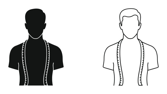 Mannequin with measuring tape black silhouette and line art versions on white background
