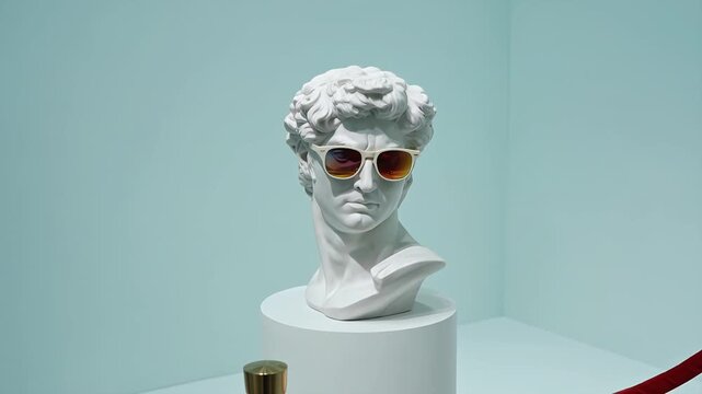 Statue, sunglasses and bust in museum with sunglasses, modern style and creative art. Michelangelo David, sculpture and head on pedestal with fashion, vaporwave aesthetic, minimal and copy space