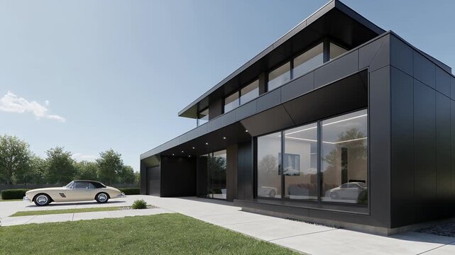 Modern luxury villa, house and car in front yard with minimalist architecture, contemporary design and landscape. Real estate, exterior and driveway with garage, windows and property style