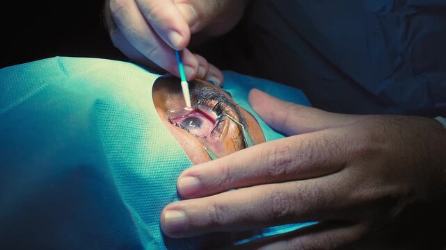 Laser vision correction. A patient in the operating room during ophthalmic surgery. Eyelid speculum. Lasik treatment. Patient under sterile.Repositioning of the lasik corneal flap