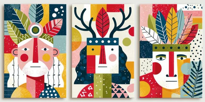 Triptych featuring a stylized tribal man with feather headdress in minimalist geometric doodle style, blending cultural-inspired patterns with modern abstract design for wall art decor.