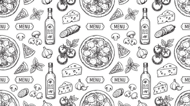 Hand drawn pizza ingredients pattern with oil bottles and menu labels in black and white vector illustration