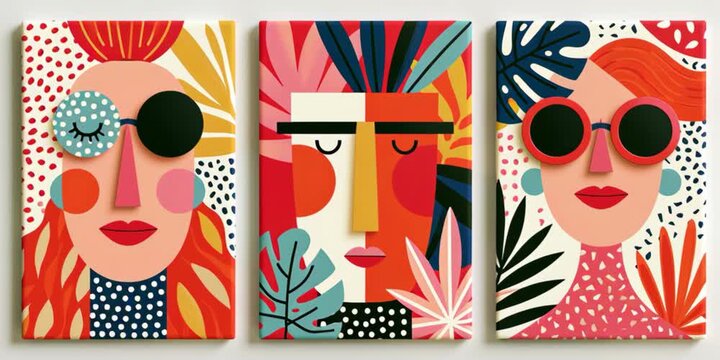 Triptych featuring a stylized tribal man with feather headdress in minimalist geometric doodle style, blending cultural-inspired patterns with modern abstract design for wall art decor.