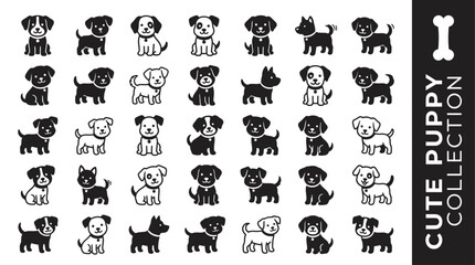 Fototapeta premium Set of diverse cute puppy silhouette icons featuring various breeds in minimalist black and white flat vector style for pet design projects