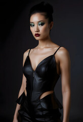 Fototapeta premium Thoughtful woman in black leather dress with bold makeup