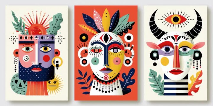 Triptych featuring a stylized tribal man with feather headdress in minimalist geometric doodle style, blending cultural-inspired patterns with modern abstract design for wall art decor.