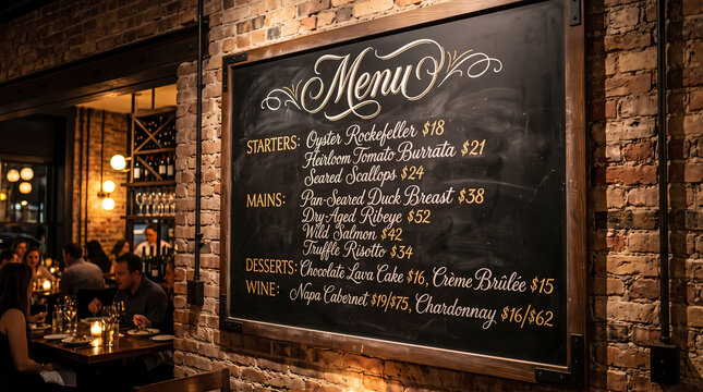 Elegant restaurant chalkboard menu displaying gourmet food items including starters mains and desserts written in stylish white cursive lettering mounted on a rustic weathered brick wall inside a dim