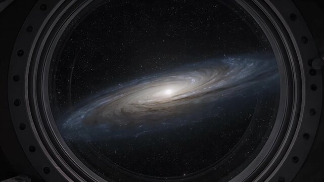 Galaxy, space and window of spaceship with stars for astronomy, universe and cosmic exploration. Nebula, sci-fi and view from orbital station with futuristic travel, telescope and planetary dark sky