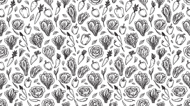Hand drawn vegetable pattern with carrots lettuce and peppers in a seamless sketch style vector illustration