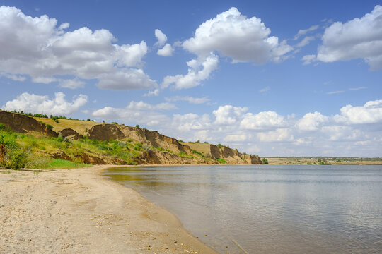Sandy shore of the Tsimlyansk Water Reservoir on the Cossack Coast beach, Rostov-on-Don region of Russia