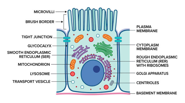 Epithelial Cell Structure: Diagram of a Human Intestinal Cell with Labeled Organelles