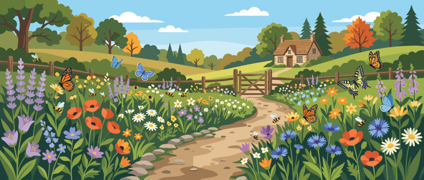 Colorful wildflower meadow with winding dirt path and countryside houses.