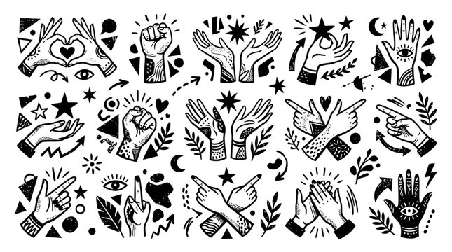 Doodle Hands Gestures Set: Love, Power, Magic, Pointing, Clapping, Evil Eye