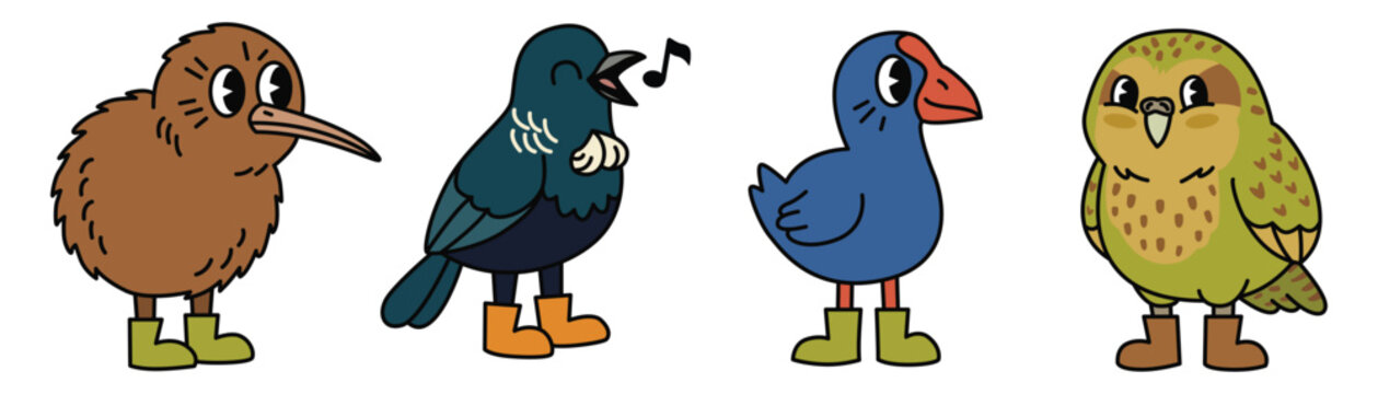 Cute New Zealand Cartoon Birds Mascot Set