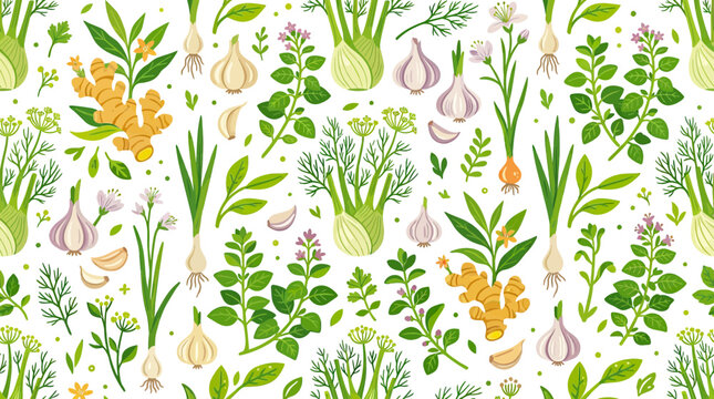 Fresh Herbs and Spices Pattern: Garlic, Ginger, Fennel, Onion, Parsley, Dill