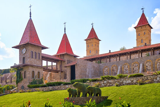 Fairytale castle with brick towers at Loga Amusement Park, Rostov-on-Don region of Russia