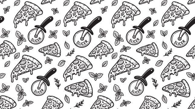 Seamless pattern with hand drawn pizza slices and cutter wheels in black and white sketch style