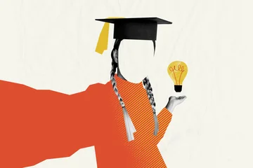 Fototapeten Musik Graduate student holding a glowing lightbulb symbolizing creativity and education in a stylized collage  © deagreez