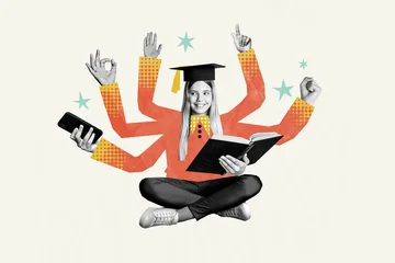 Multitasking student graduate juggling study, book and smartphone in creative collage with mortarboard hat — modern education, learning and achievement concept © deagreez