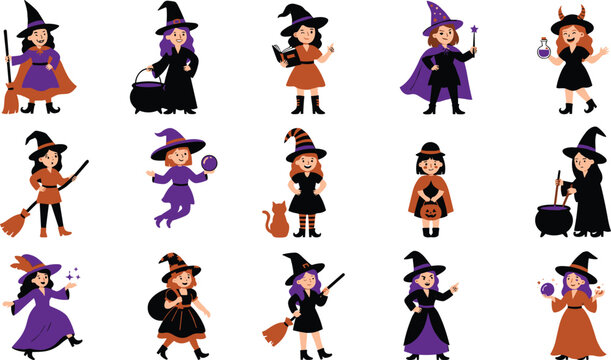 Halloween witch character collection featuring magical female spellcasters with potions brooms and flat cartoon vector illustration icon set