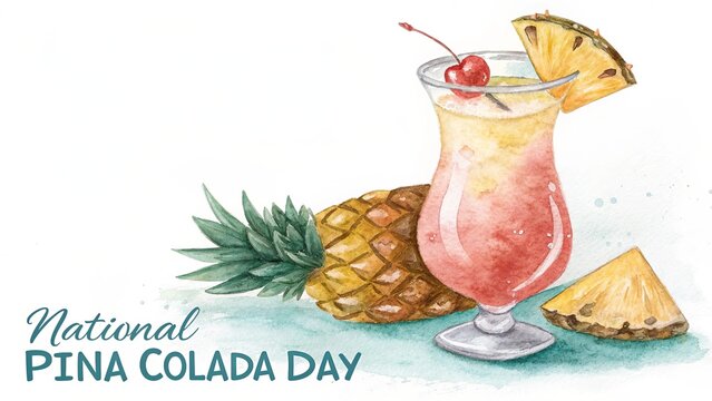 Pi&ntilde;a Colada Day, Watercolor pina colada illustration garnished with cherry for National Pina Colada Day.
