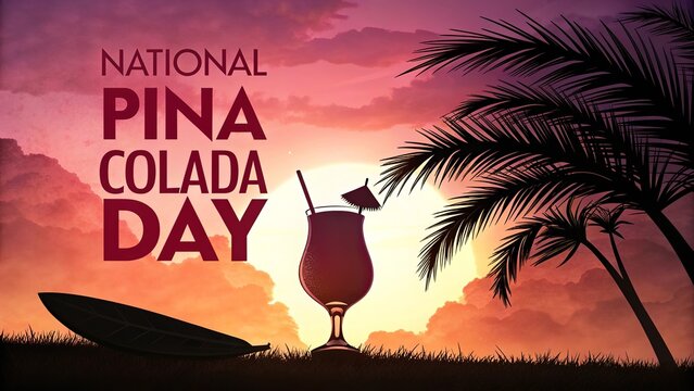 Pi&ntilde;a Colada Day, Dramatic sunset silhouette celebrating National Pina Colada Day with cocktail.
