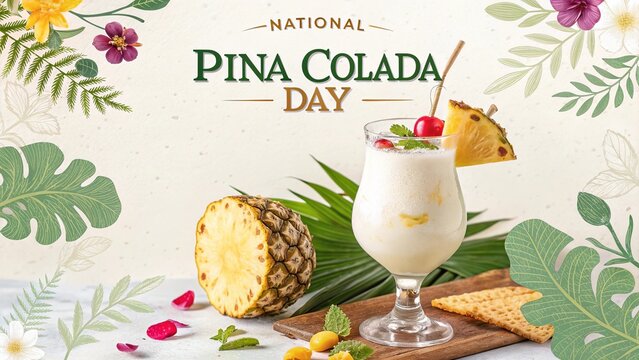Pi&ntilde;a Colada Day, Elegant pina colada garnished with pineapple, cherry for National Pina Colada Day.
