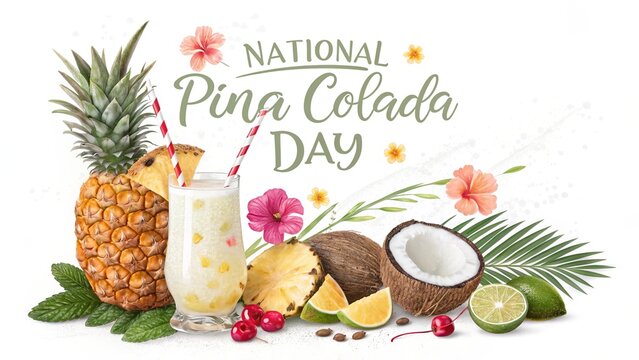 Pi&ntilde;a Colada Day, Refreshing island drink styled with fresh fruit celebrating National Pina Colada Day.
