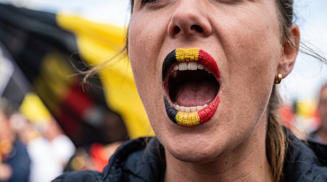 Woman attends german festival near flag