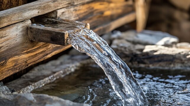 steady. Aged wooden wellhead with water flowing into a stone basin in a rustic setting. travel magazines, destination branding, designed for outdoor magazines and nature guides.