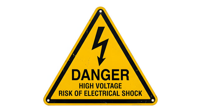 Danger High Voltage Warning Sign with Electrical Shock Hazard Symbol on Yellow Triangle
