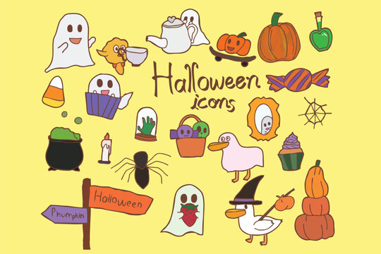 Set of Halloween handraw doodle art colour.