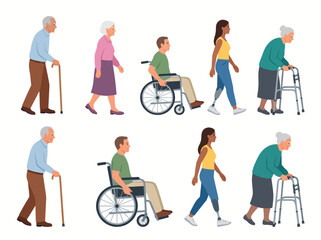 Fototapeta premium CAD Vector Illustration Set of Diverse People with Mobility Aids Including Wheelchairs Walkers and Prosthetics for Accessibility